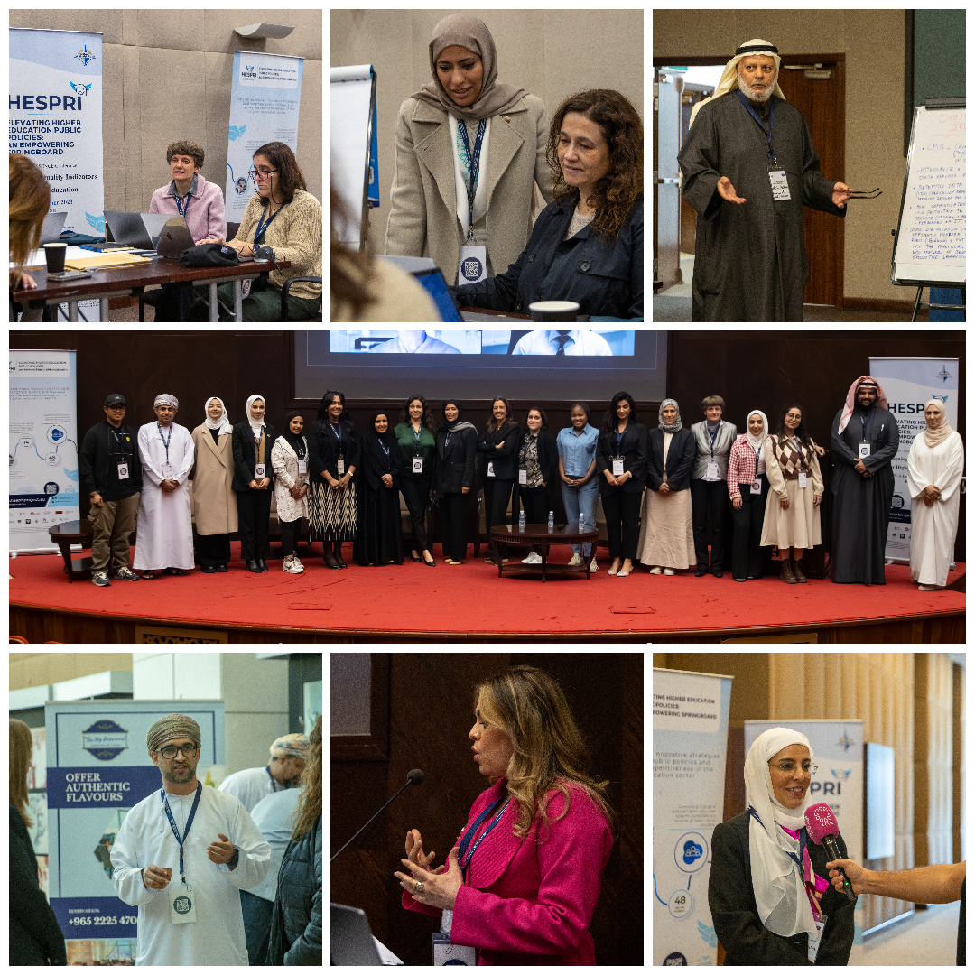 HESPRI Conference Kuwait - December 2023: Photo Grid showing Interviews, Speakers presenting, people collaborating and group photo